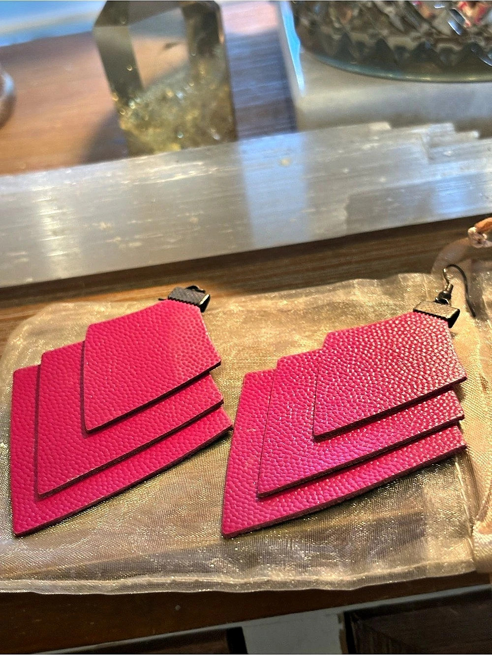Geometric Raspberry Pink Drop Earrings Like New - Eleven10Leather - 3” inches